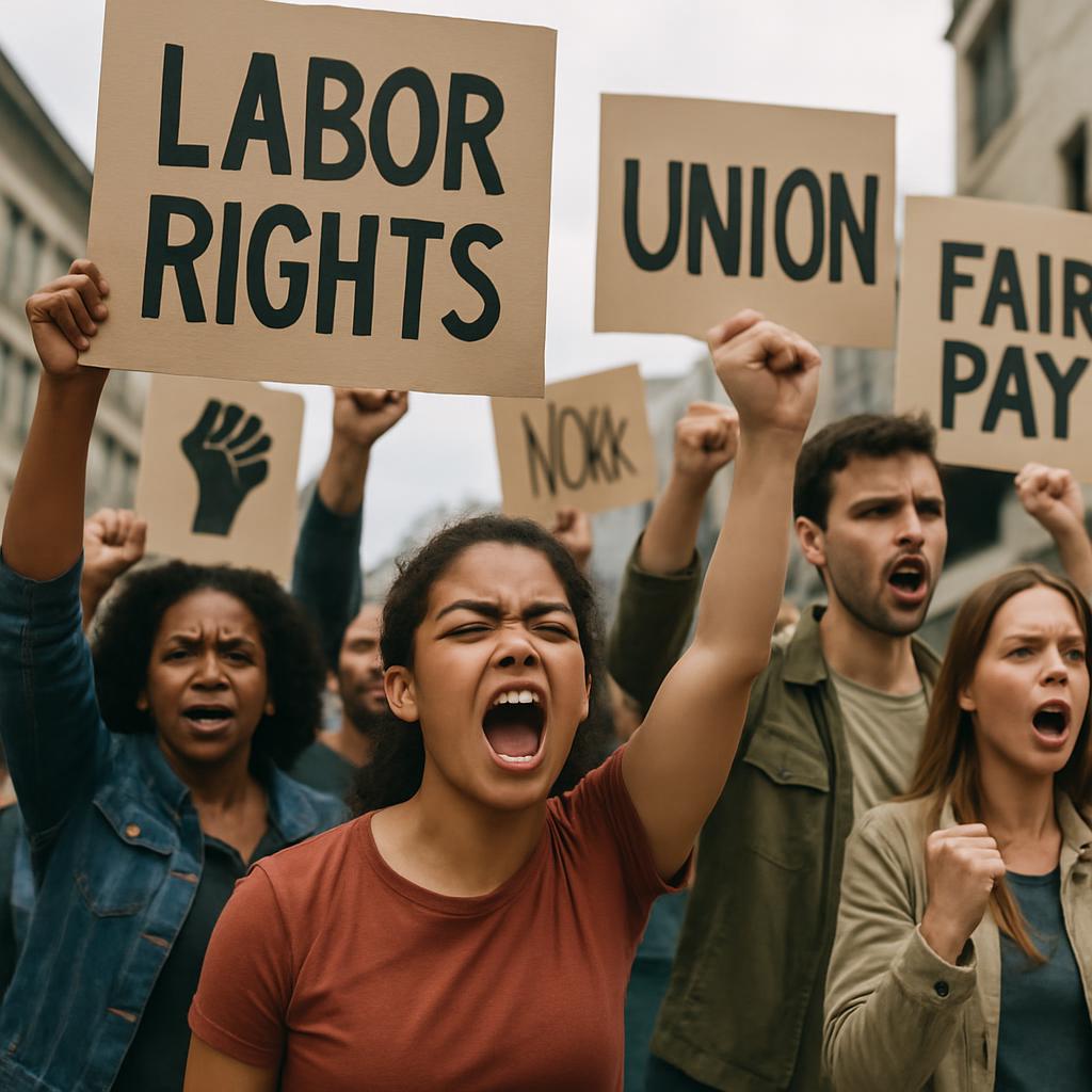 A group of people are protesting for labor rights and fair pay by holding signs and yelling.