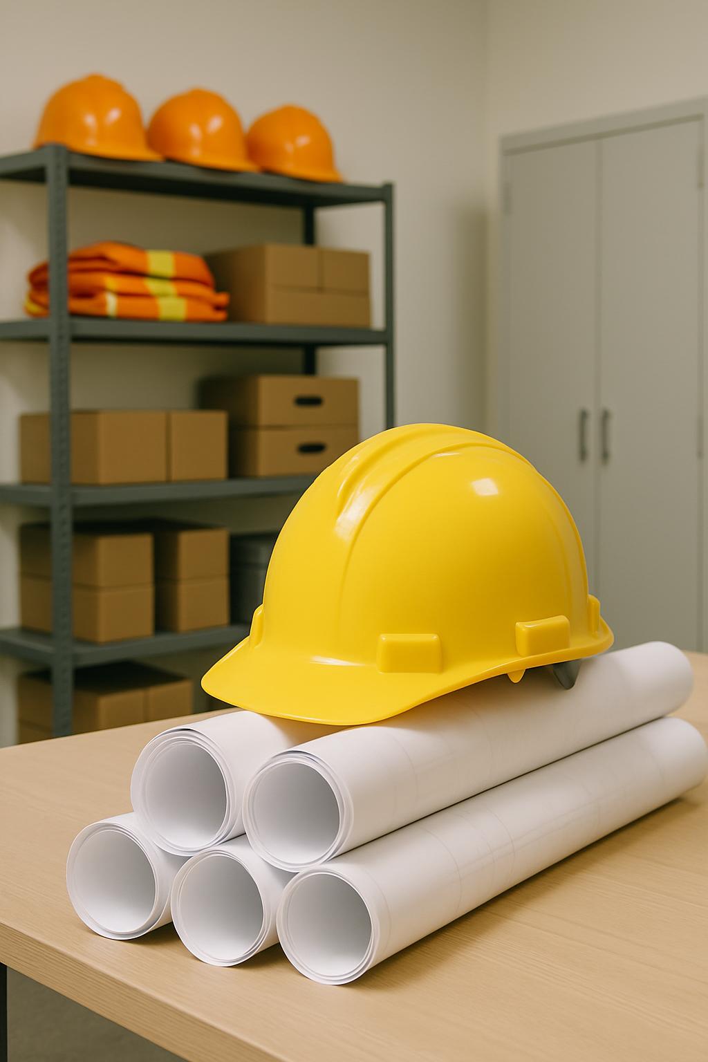 A stack of white technical drawings sits in the foreground, with a yellow hard hat resting on top. The background appears ...