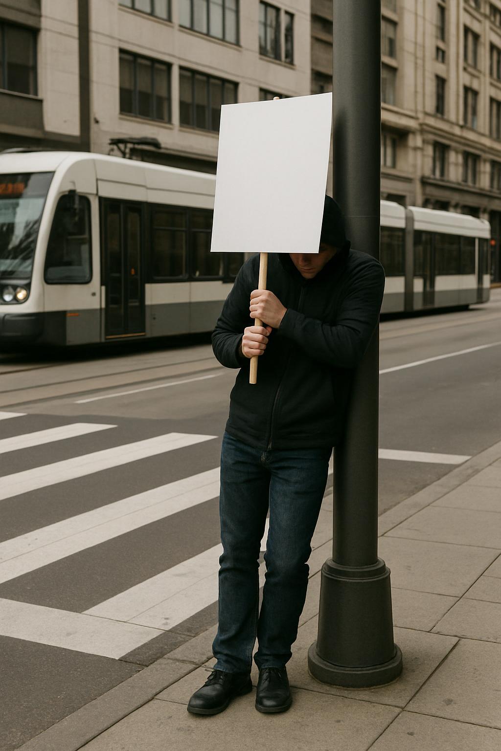 A man in dark clothing holding a blank sign, standing on a street corner with a train or bus in the background.