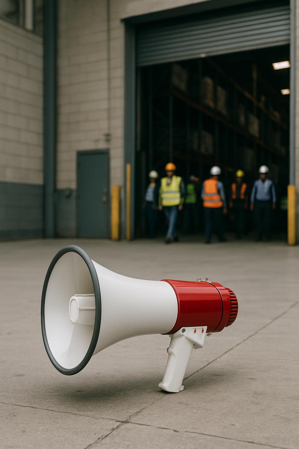 The following image depicts a megaphone placed on the ground in what appears to be an industrial setting. A red and white ...