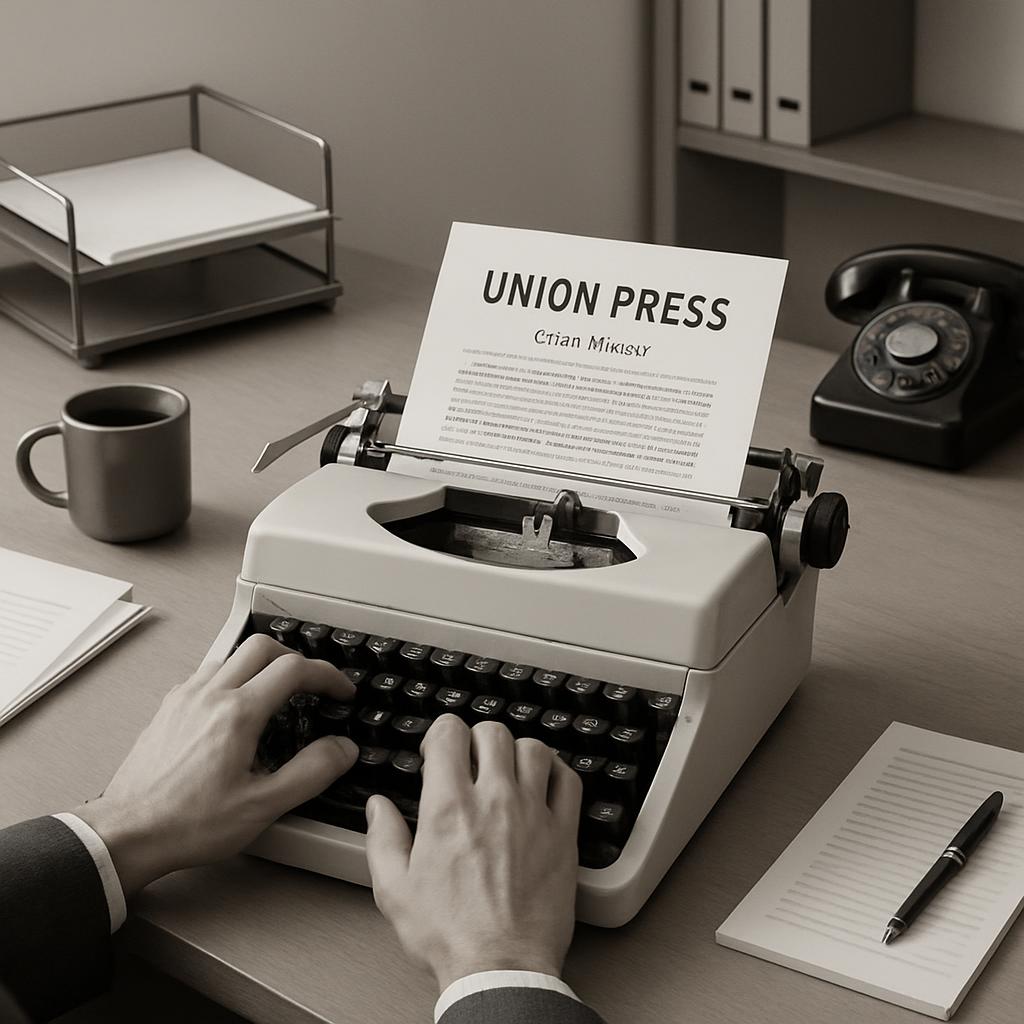 Person typing on a typewriter, possibly a notice for Union Press.