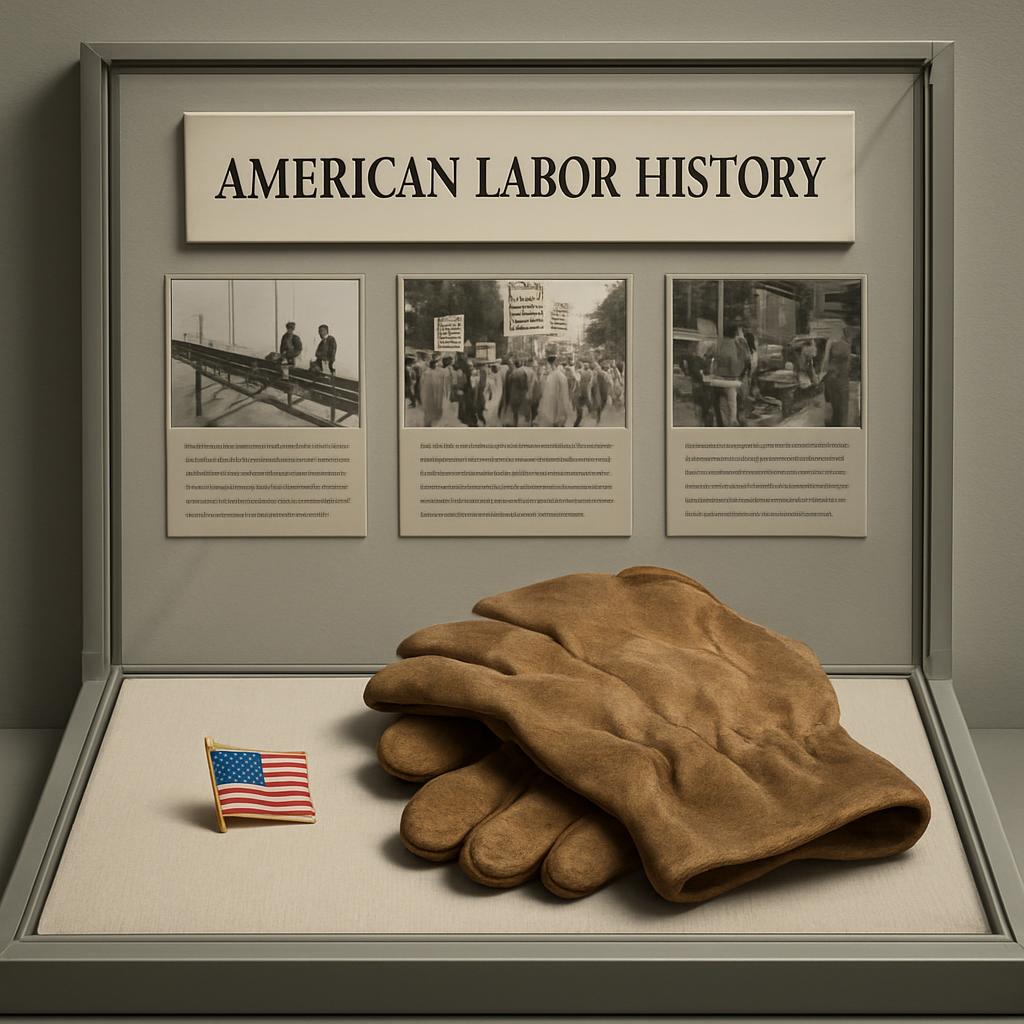 a historical display of American labor featuring a pair of gloves and a pin.