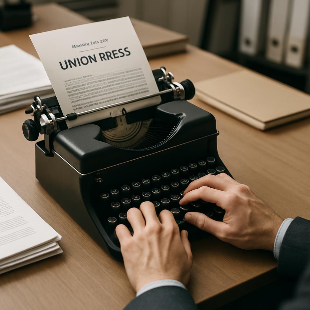 A person in a black suit using an old-school typewriter publishing an article titled "UNION RRESS."