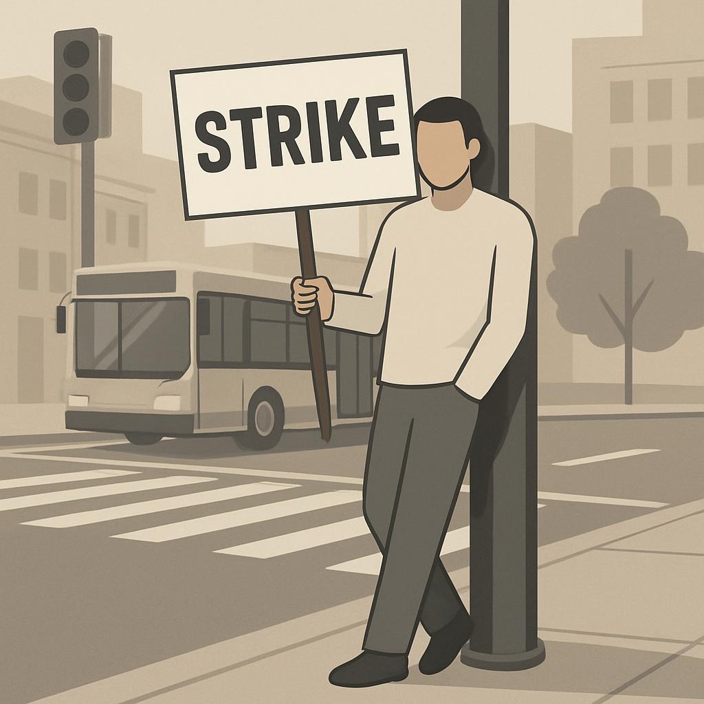An illustrated depiction of a man holding a strike sign, with a monotone color scheme of beige, brown, tan, gray, and whit...