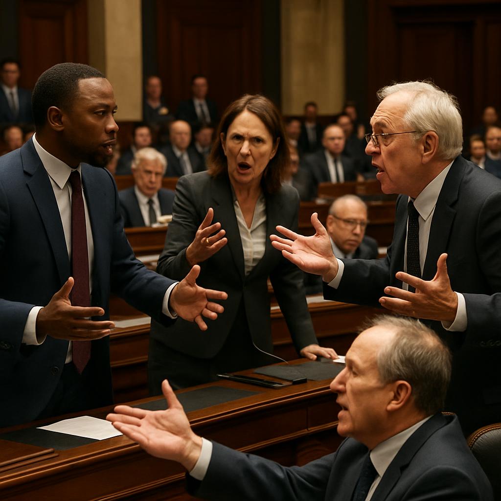 Four people in business attire are engaged in a heated discussion or debate in a courtroom setting. The man on the left is...