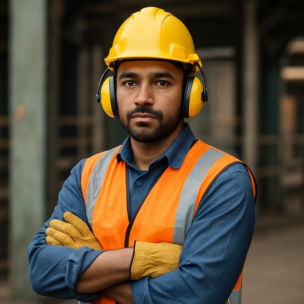 man wearing workwear, standing with arms crossed regards camera. he is wearing a yellow hard hat, and blue long-sleeved sh...